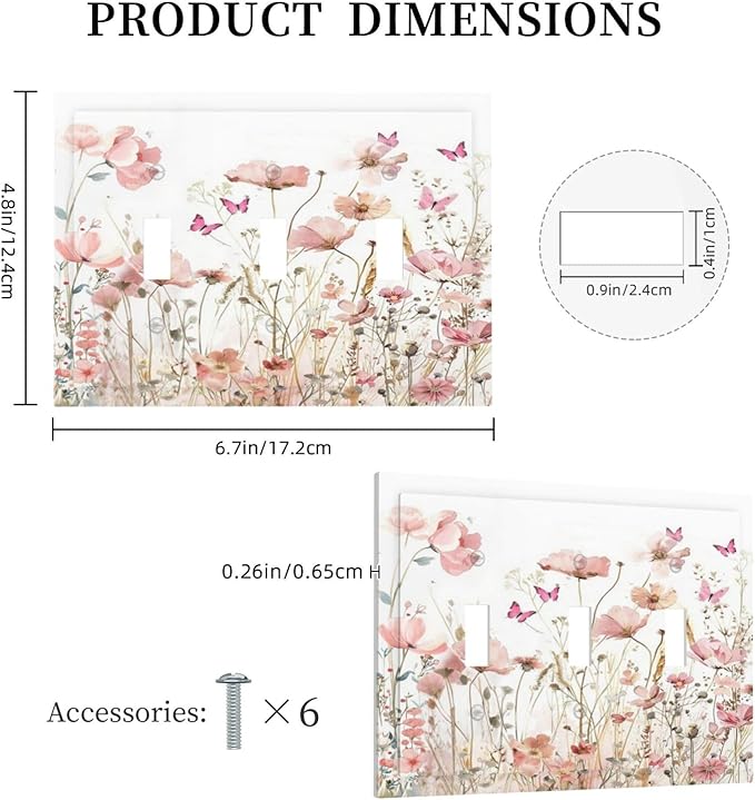 Boho Floral Watercolor Pink Wildflower Butterfly Decorative Switch Plates 3 Gang Wall Plate Triple Toggle Light Switch Cover Faceplate Electrical Wall Panels for Bedroom Living Room Decor