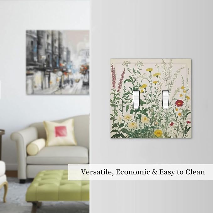 Rustic Wildflower Green Plants Daisy Floral Decorative Switch Plates 2 Gang Double Toggle Outlet Light Switch Cover Wall Plate Electrical Faceplate For Farmhouse Bed Room Decor