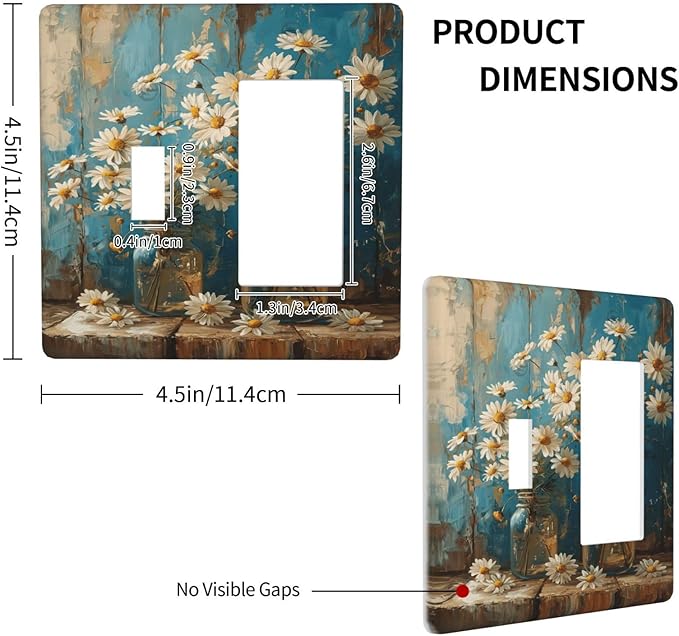 Delicate White Daisy Jars Retro Wood Background Outlet Covers 1 Toggle 1 Rocker Combination Decorative Wall Plate Electrical Switch Plates Light Switch Cover Plate for Farmhouse Home Decor