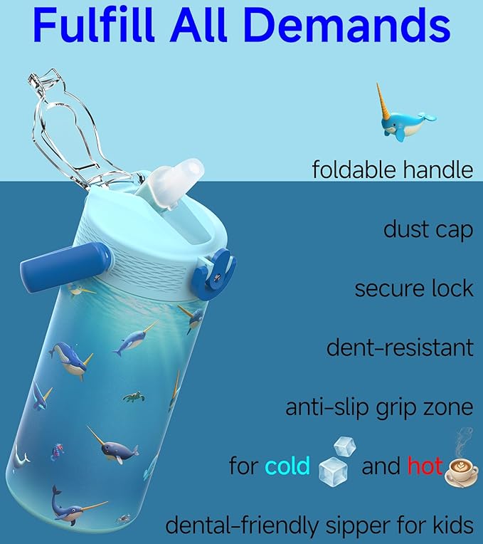 MYFOREST 14oz/400ml Insulated Kids Water Bottle, Odor-Free Surgical Grade Liner, Dishwasher-Safe, Name Spot, Soft Sipper, Gift for Thalassophile (Ocean. Narwhals)