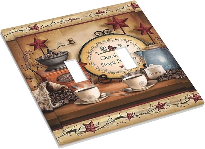 Kitchen Cafe Texas Star Coffee Beans Cup Bar Double Toggle Wall Plate Decorative 2-Gang Light Switch Cover Clock Restaurant Country Cottage Hotel Life Electrical Receptacle Outlet Face Plate Cover