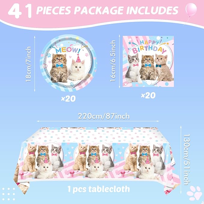 41Pcs Cat Party Supplies - Kitten Birthday Party Table Decorations Include 20 Paper Plates, 20 Napkins and 1 Tablecloth