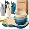 24 Pcs Wheat Straw Dinnerware Cutlery Set for Adult Including Divided Plates Microwave Dishwasher Safe Bowl Unbreakable Tableware Straw Cutlery Spoon Knife Fork(Dark Color)