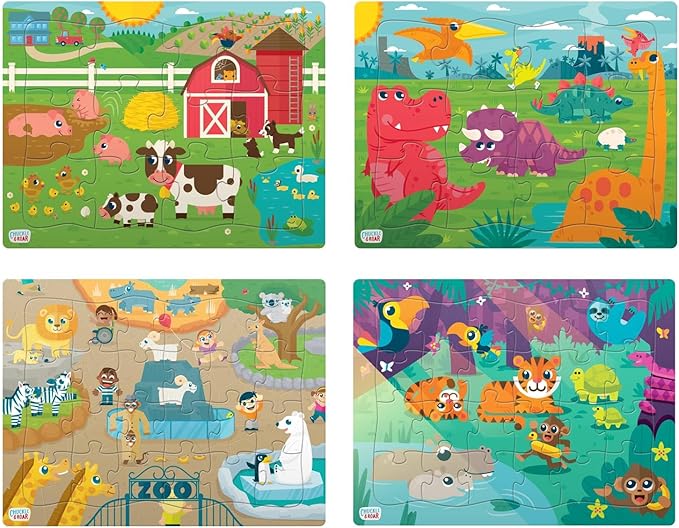 Chuckle & Roar - Multi Pack Jigsaw Puzzles for Kids Farm Dinosaur Jungle Zoo Tray Set 12 and 24 Piece Colorful Gift