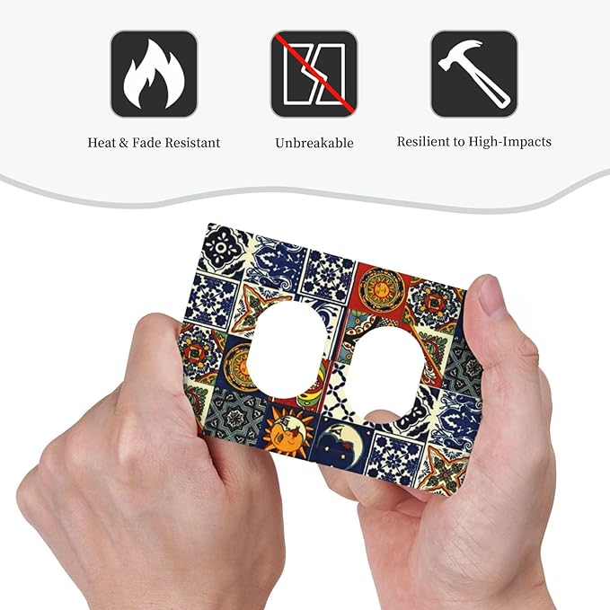 Kitchen Blue/Red Boho Mexican Talavera Tile 1 Gang Duplex Wall Plate Receptacle Outlet Covers Bohemian Moroccan Mosaic Tiles Decorative Electrical Dual Device Light Switch Plug Socket Faceplate Cover
