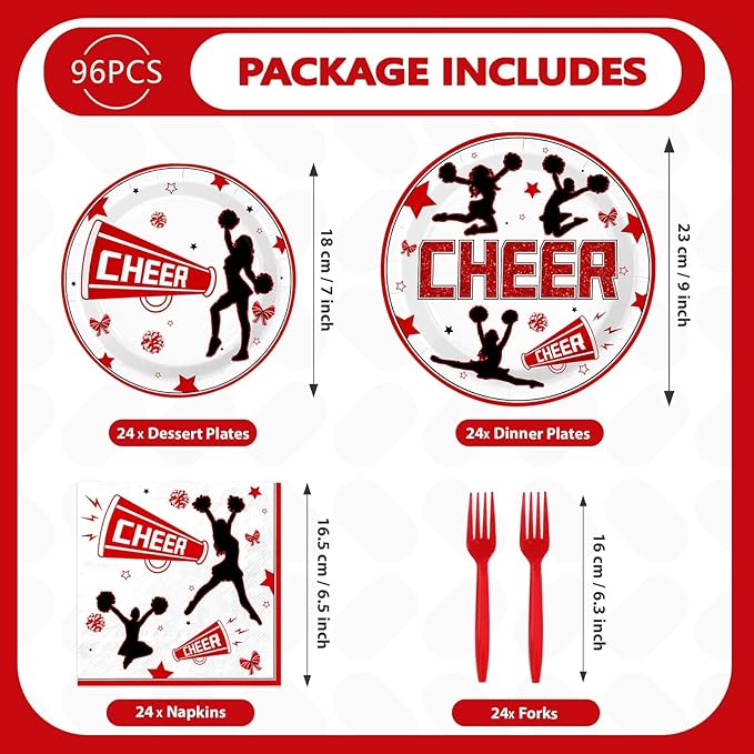 96Pcs Cheer Party Decorations Cheerleader and Loudspeaker Plates and Napkins Red Black White Sports Gymnastics Tableware Set for Girls' Cheer Birthday Ceremony Graduation Party Supplies Serves 24