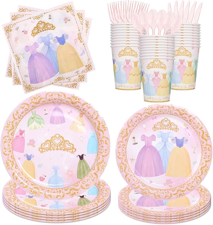 175Pcs Princess Paper Plates Napkins, Princess Themed Birthday Party Decorations Pink Party Supplies Disposable Dinnerware Set Plate, Utensils, Cup, Napkin, Tableware Set, Serve 25 Guests
