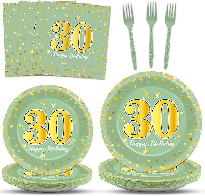 96Pcs Green Gold 30th Birthday Party Plates and Napkins for Women Men Sage Green 30 Year Old Birthday Party Supplies Themed Paper Dessert Plates Tableware Set for 24 Guests Party Decorations