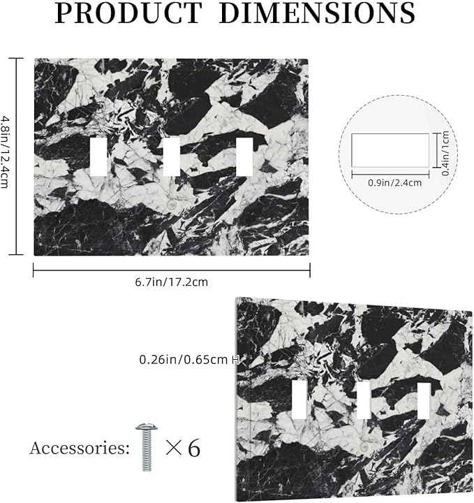 Black White Marble Abstract Luxury Decorative Switch Plates 3 Gang Wall Plate Triple Toggle Light Switch Cover Faceplate Electrical Wall Panels for Bathroom Kitchen Decor