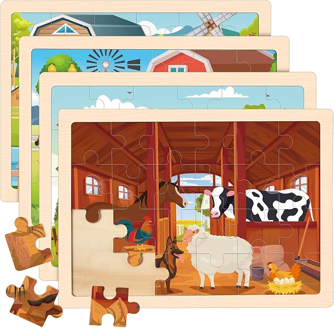 4-in-1 Farm Wooden Puzzles for Kids Ages 4-6, 24 PCS Wooden Jigsaw Puzzles for Toddlers Ages 3-5, Preschool Educational Puzzles Boards Toys Gifts for 3 4 5 6 Boys Girls