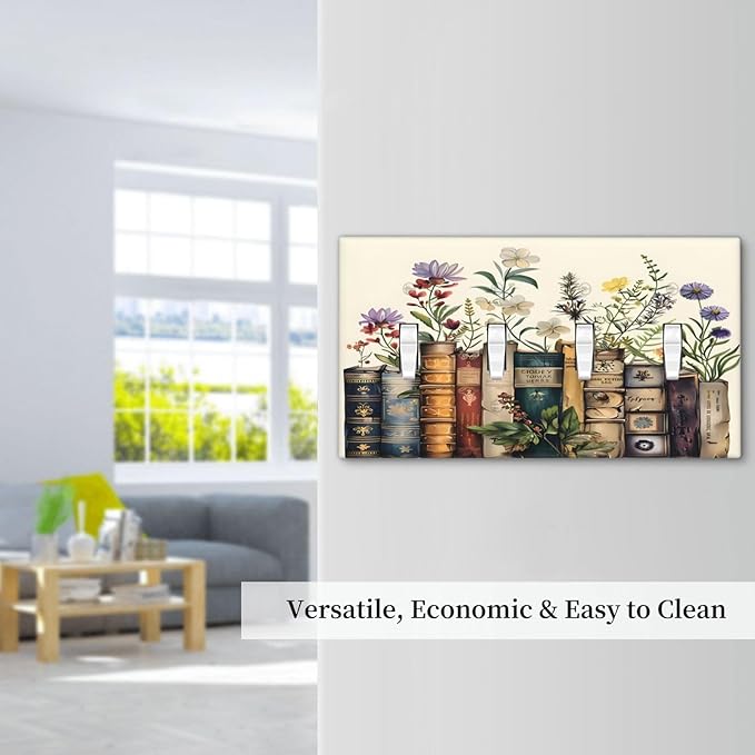 Plant Floral Books Colorful Flower Light Switch Covers Quad Toggle Electrical Faceplate 4 Gang Wall Plate Decorative Switch Plates Cover for Kids Room Bedroom Decor