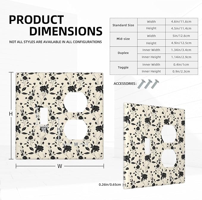Black Rose Dark Romance Wildflowers Floral Wallplates 1 Toggle 1 Duplex Switch Plate Electrical GFCI Faceplate Decorative Light Switch Covers for Bedroom Living Room Decor