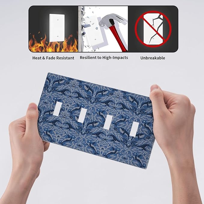 Blue Modern Nautical Art Whale Fish Ocean Damascus Light Switch Covers Quad Toggle Electrical Faceplate 4 Gang Wall Plate Decorative Switch Plates Cover for Bedroom Living Room Decor