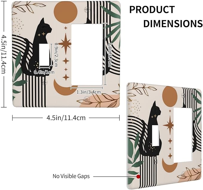 Black Boho Mid Century Cute Cat 2 Gang Combo Device 1-Toggle 1-Decorator/GFCI Receptacle Outlet Light Switch Cover 70s Neutral Moon Aesthetics Abstract Art Two Gang Combination Rocker Face Wall Plate