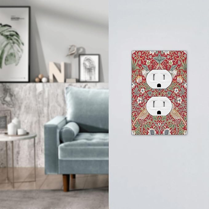 William Morris Strawberry Thief Botanical Red Green Single Duplex Wall Plate Covers Light Switch Cover 1 Gang Outlet Plate Decorative Switchplate Covers Electrical Faceplate for Country Bedroom Decor