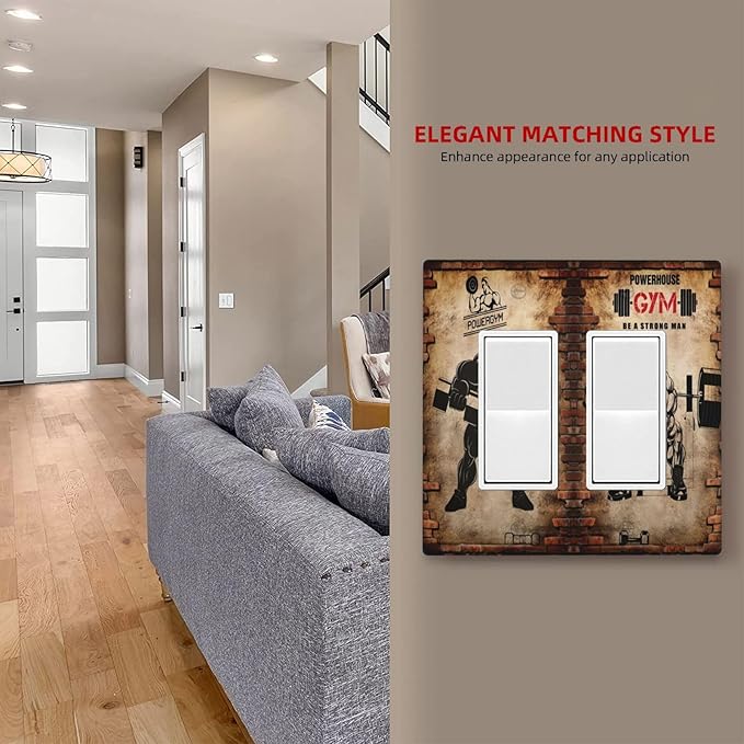 Vintage Gym Retro Brick Dumbbell Muscular Man Double Rocker Wall Plates 2 Gang Light Switch Cover Decorative GFCI Electrical Switchplate Dimmer for Bedroom Boyroom Bathroom Decor