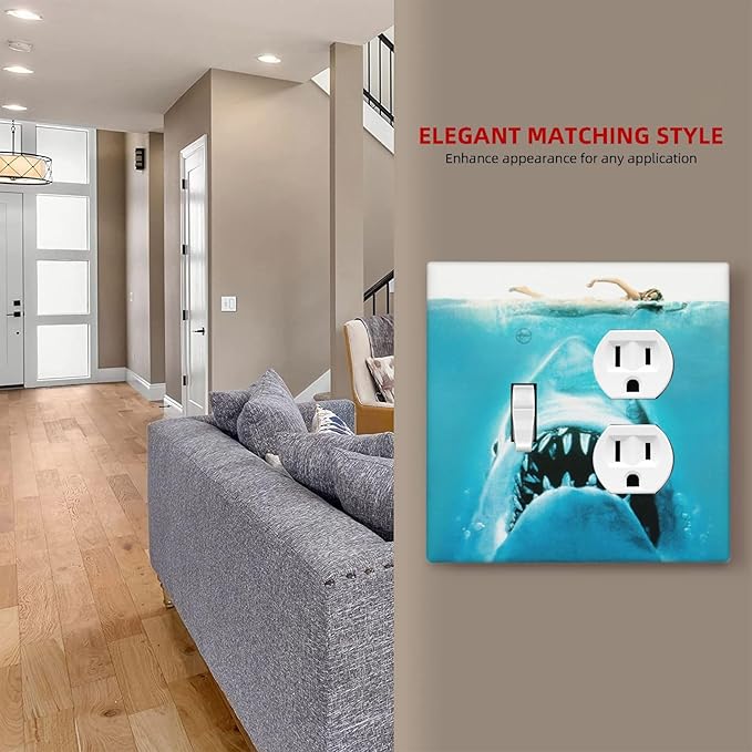 Beach Shark Oceanjaws Movie Vintage Look Wallplates 1 Toggle 1 Duplex Switch Plate Electrical GFCI Faceplate Decorative Light Switch Covers for Bathroom Kids Room Decor