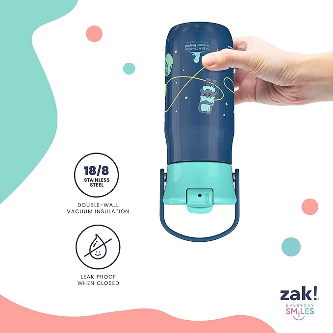 Zak Designs Harmony Kid Water Bottle Benefiting St. Jude, For Travel or At Home, 14oz Stainless Steel is Leak-Proof When Closed and Vacuum Insulated (Space)