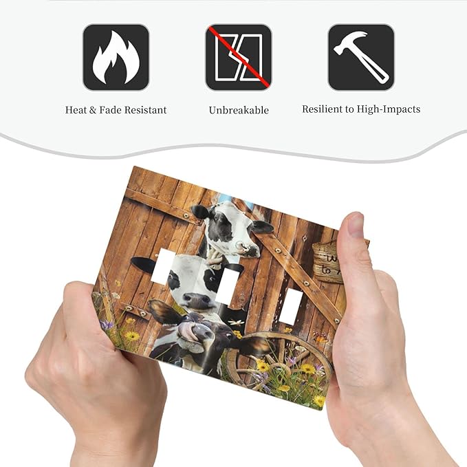 Decorative Switch Plate Covers Farm Cow Farmhouse Barn Door Rustic Vintage Wooden 3 Gang Light Switch Cover Country Wildlife Funny Triple Toggle Wall Plate Electrical Faceplate