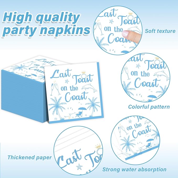 96Pcs Last Toast on the Coast Party Supplies Coastal Bachelorette Paper Plates Napkins Beach Pool Tableware Set Summer Dinnerware for Bridal Wedding Girl Birthday Party Baby Shower Decoration Serve 24