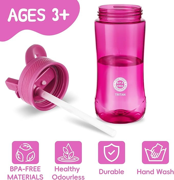 Kids Clear Water Bottle 14oz Flip with Straw Carry Handle, Leakproof, Reusable, Tritan, BPA Free, Suitable for Boys and Girls, Rose