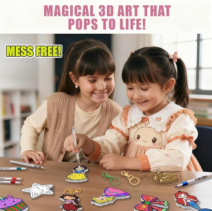 WurLoo Aqua Puffs 3D Art Kit for Kids, Mess-Free Paint by Number Crafts with Princesses & Unicorns, DIY Color & Inflate Activity, Travel Toys & Creative Gifts for Girls Ages 4, 5, 6, 7, 8, 9, 10
