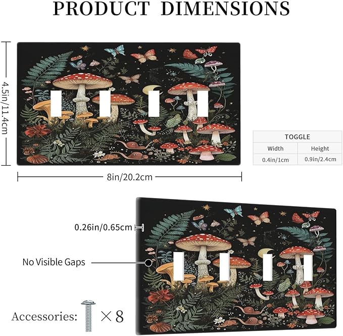Cartoon Floral Mushroom forest Butterfly Flowers Light Switch Covers Quad Toggle 4 Gang Wall Plate Decorative Switch Plates Electrical Faceplate for Bedroom Kids Room Decor
