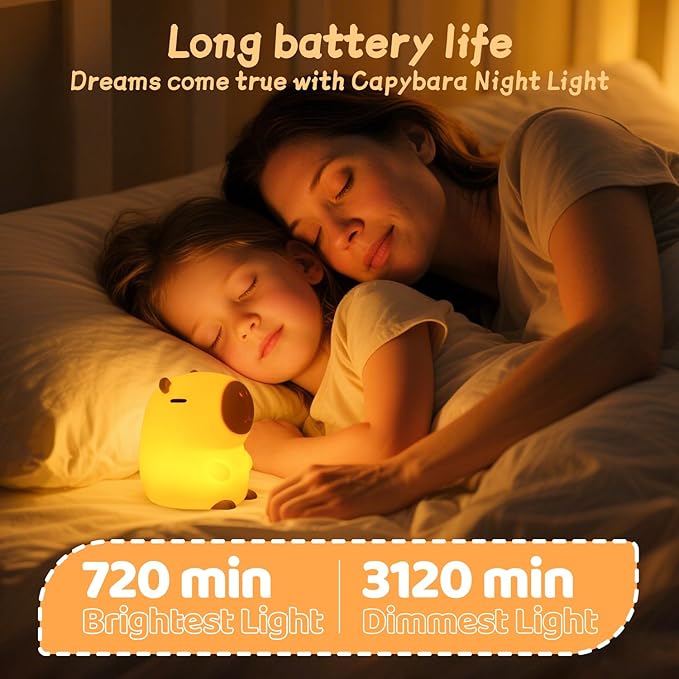 Rytinazzz Capybara Night Light, 50-Hour Battery & Pat Control, Squishy Animal Lamp for Kids Room, USB Rechargeable with Timer, Mothers Day Gifts