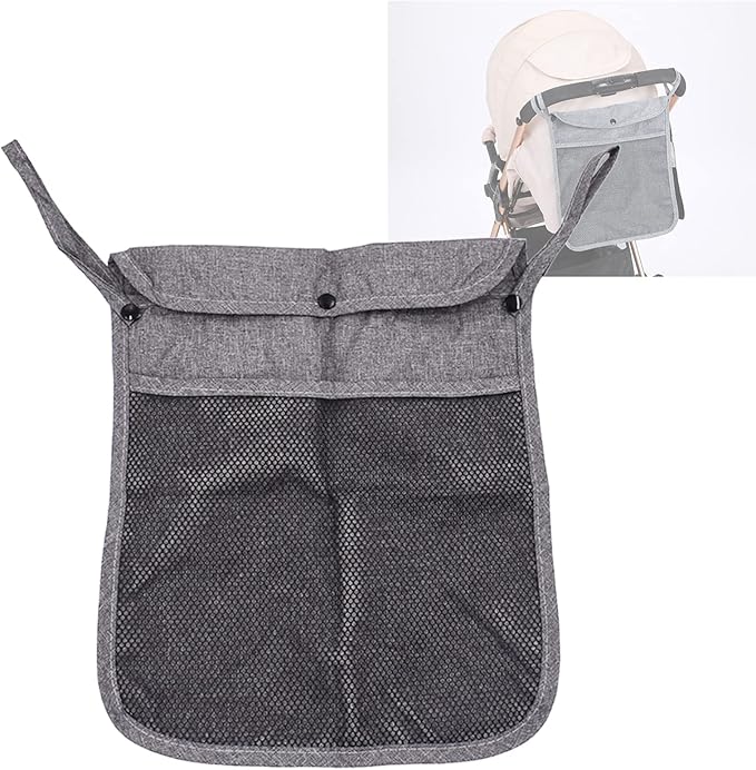Portable Stroller Hanging Bag with Two Storage Pockets Stroller Bag Organizer for Nappy Baby Cloth/Bottle/Toy, Stroller Hanging Storage Net Bag, Grey