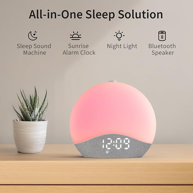 EASYERA Sunrise Alarm Clock Sound Machine, Upgraded Backlit Buttons, 26 Soothing Sounds, White Noise Machine Night Light, Bluetooth Speaker Wake Up Light for Bedroom, Heavy Sleeper, Adults, Kids