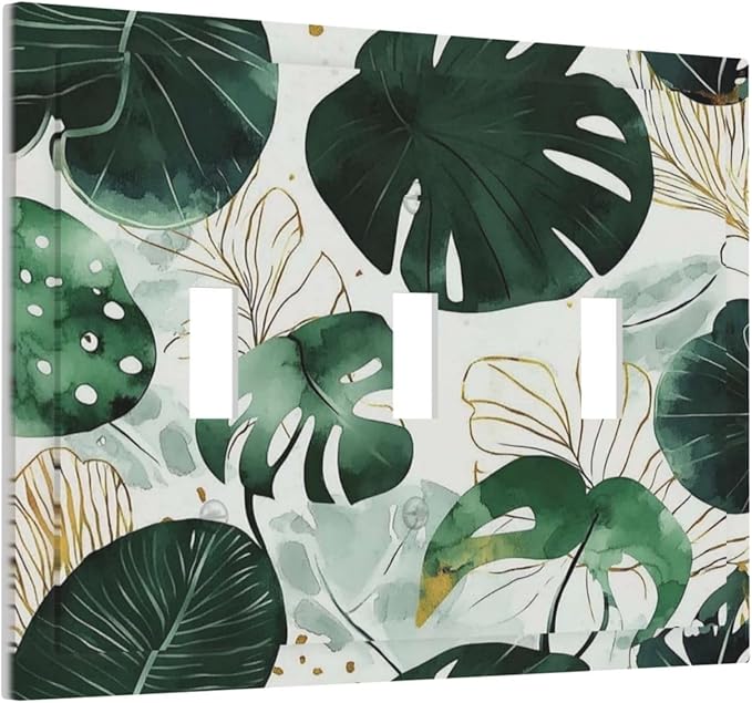 Boho Tropical Green Leaf Watercolor Banana Leaves Decorative Switch Plates 3 Gang Wall Plate Triple Toggle Light Switch Cover Faceplate Electrical Wall Panels For Bed Room Living Room Decor
