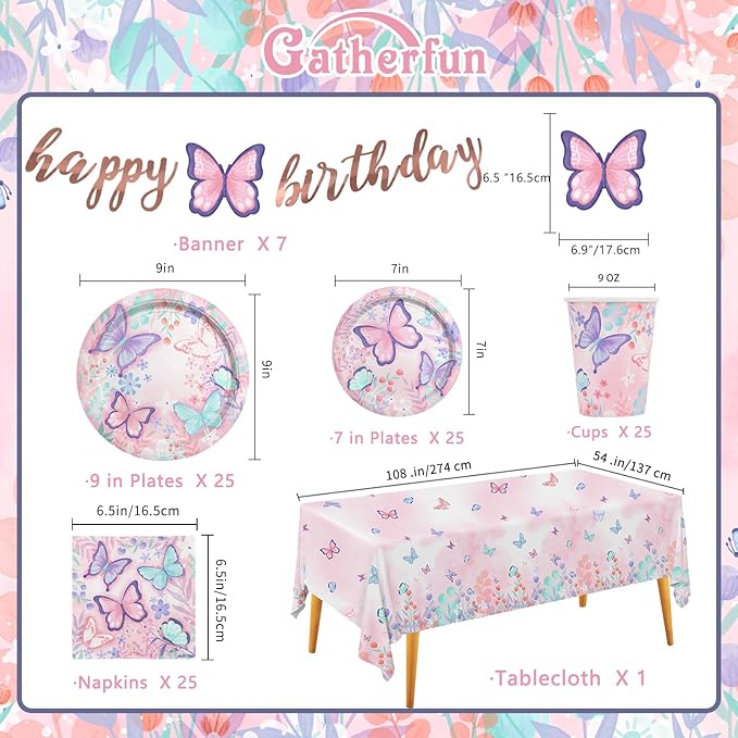 Butterfly Birthday Party Supplies Disposable Paper Plates Napkins Cups Tablecloth and Banner for Butterfly Girl Party Birthday Decorations, Serve 25