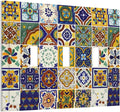 Yellow/Blue Kitchen Boho Floral Tiles Triple Toggle Device Switch Wall Plate 3-Gang Light Switch Cover Bohemian Mandala Talavera Mexican Tile Decorative Decorator Wallplate Switchplate Room Decorate