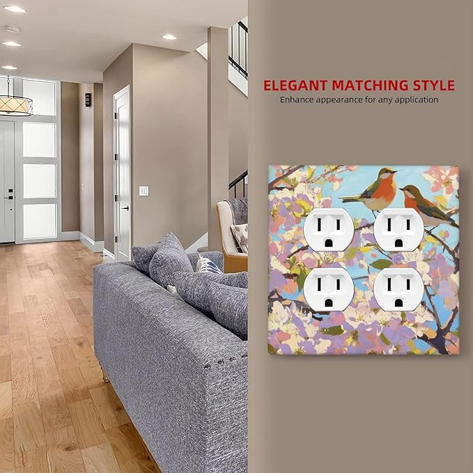 Bird Flower Double Duplex Receptacle Outlet Cover Wall Plate Decorative 2 Gang Light Switch Covers Electrical Switchplate Home Decorate Faceplat for Bathroom Bedroom Kitchen Room 4.5 x 4.5 Inch