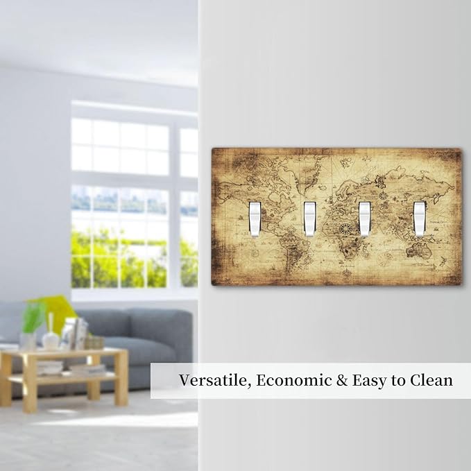 Old World Ocean Map 4 Gang Device Light Switch Cover Decorative Quad Toggle Wall Plate Decorative Electrical Faceplate for Home Bedroom Art Decorate