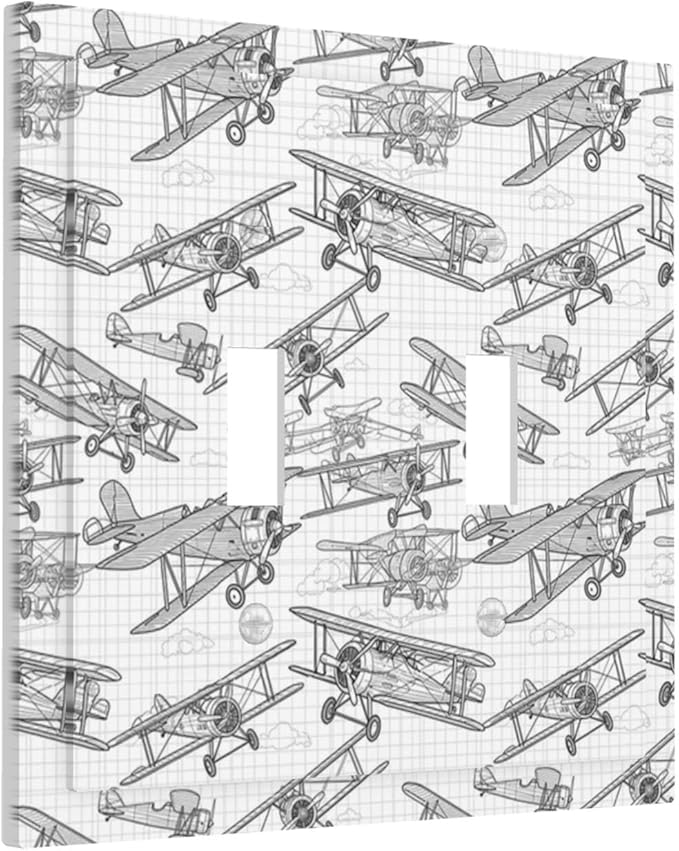 Vintage Biplane Double Toggle Switch Cover - 2-Gang Standard US Size Aviation Blueprint Grid Light Switch Covers, Retro Pilot Dream for Boys Room