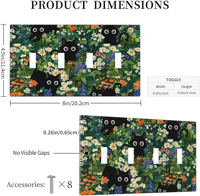 Cute Black/Green Cats Decorative 4-Gang Quad Toggle Light Switch Wall Plate Cover, Nursery Playroom Summer Floral Flower Jungle Quadruple Toggle Device Switches Wall Plate Outlet Covers Standard Size