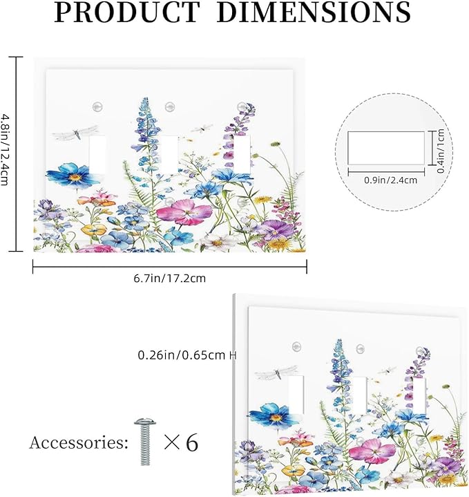Decorative Switch Plates Boho Colorful Flowers Plants And Dragonflies 3 Gang Wall Plate Faceplate Triple Toggle Light Switch Cover Electrical Wall Panels for Bedroom living Room Decor