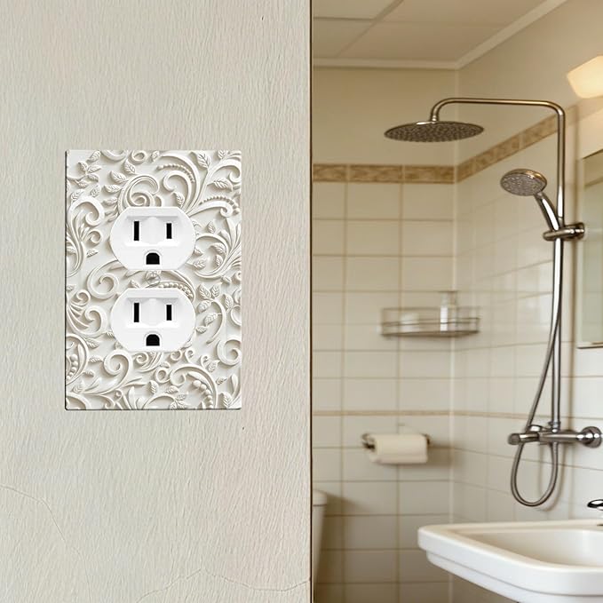 White Floral Vine 1-Gang Duplex Wall Plate, French Scroll Printed Pattern Outlet Cover, Neutral Farmhouse Home & Office Decor, Standard US Size Plug Cover