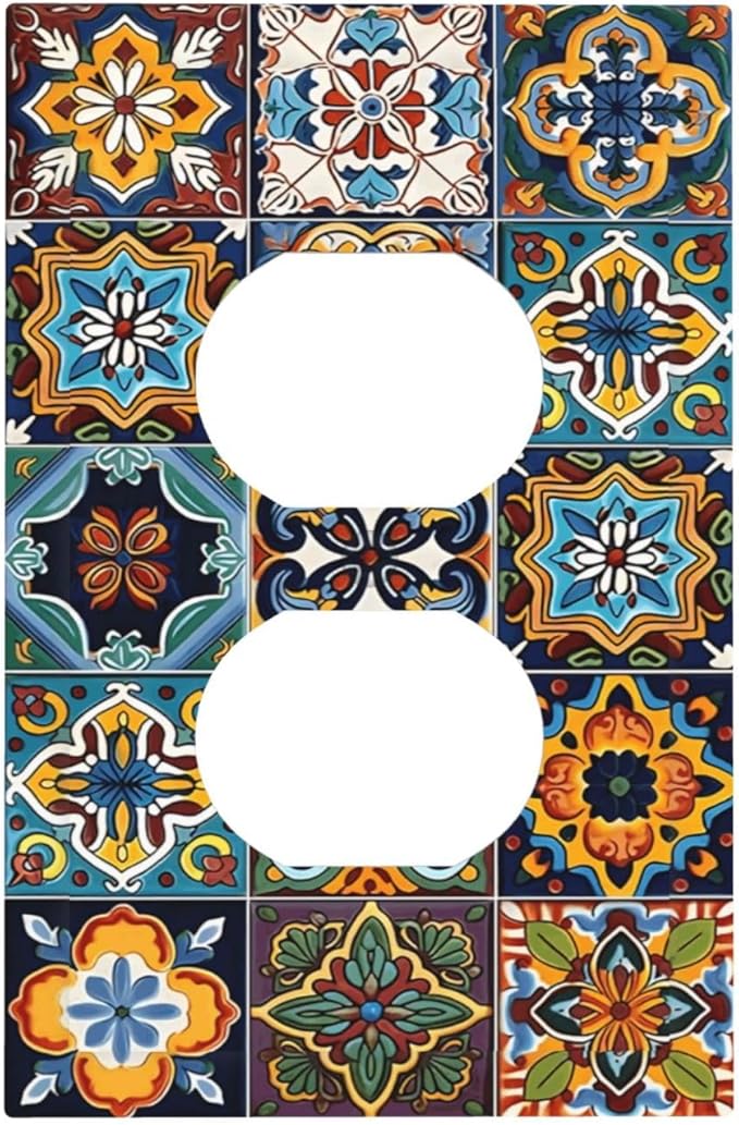Mexican Talavera Tiles Floral Outlet Covers 1 Gang Duplex Light Switch Cover Decorative Switch Plates Electrical Receptacle Faceplate Wall Plate for Bathroom Kitchen Decor