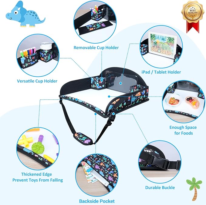 2Pcs Kids Travel Tray for Toddler Carseat, Road Trip Activities Essentials for Toddler, Kids Lap Desk Tray with Tablet Holder Stand ＆ Dry Erase Board (Dinosaur-2Pcs)