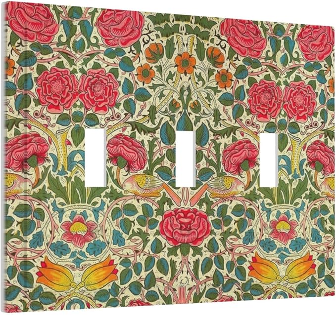 William Morris Roses Floral 3 Gang Light Switch Cover VintageTulip Flower Plant Bird Triple Toggle Wall Plate Decorative Electrical Switchplates for Country Bedroom Living Room Decor