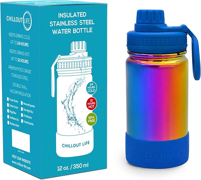 CHILLOUT LIFE 12 oz Kids Insulated Water Bottle for School with Leakproof Spout Lid and Cute Waterproof Stickers, Personalized Stainless Steel Thermos Flask Metal Water Bottle, Dishwasher Safe Color