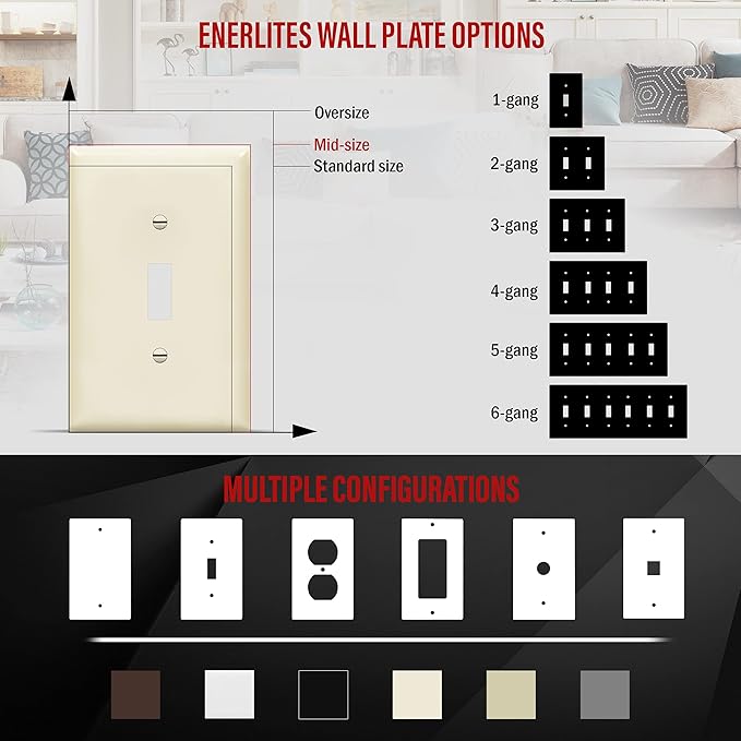ENERLITES Toggle Light Switch Wall Plate, Gloss Finish, Midway Size 1-Gang 4.88" x 3.11", Unbreakable Polycarbonate Thermoplastic, UL Listed, 8811M-LA, Light Almond