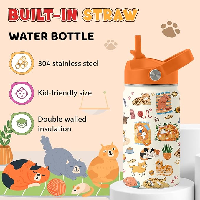 Cat Gifts for Kids - 12 Oz Orange Cat Water Bottle with Straw Lid, Stainless Steel Insulated Tumbler, Leak Proof, for Boys & Girls, School, Travel - Funny Cats Lovers Children Birthday Gifts Cups(1pc)