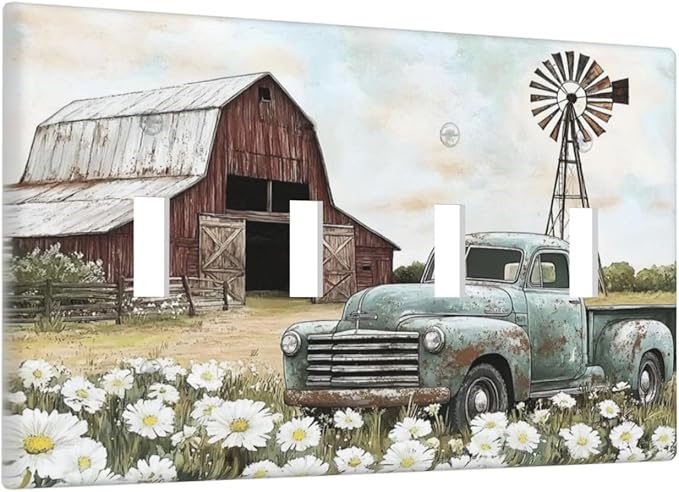 Retro Trucks Old Barn Windmill Teal Car Rustic Light Switch Covers Quad Toggle Electrical Faceplate 4 Gang Wall Plate Decorative Switch Plates for Farmhouse Home Decor