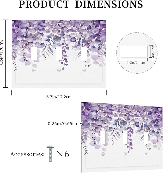Purple Plants Leaves Eucalyptus Vine Floral Flowers Decorative Switch Plates 3 Gang Wall Plate Triple Toggle Light Switch Cover Faceplate Electrical Wall Panels for Bedroom Living Room Decor