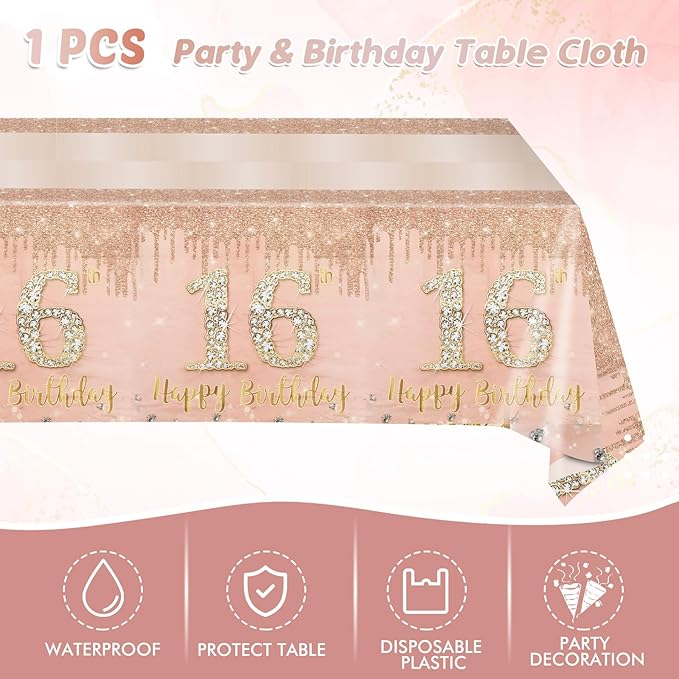 41Pcs 16th Birthday Party Decorations for Girls, Rose Gold Birthday Supplies Include 20 Plates 20 Napkins and 1 Pcs Tablecloth, Sweet Sixteen Year Old Birthday Party Tableware for Girls Kids Children