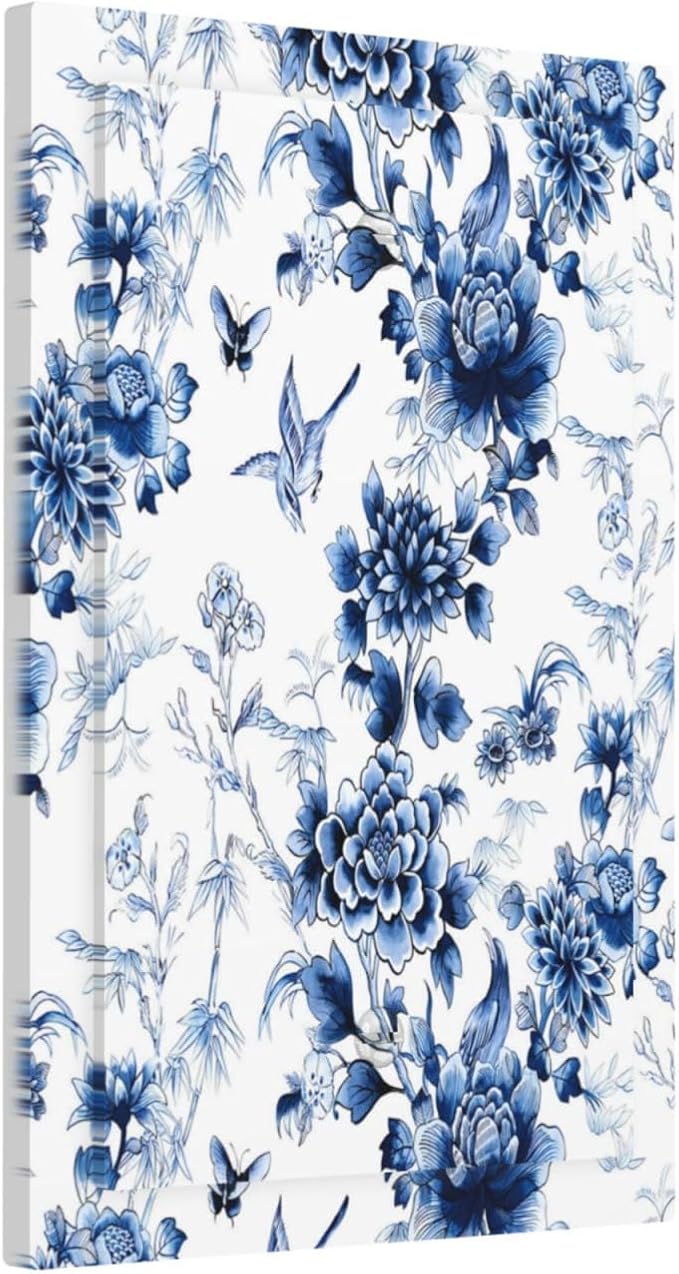 Blue Flower White Floral Plant Bird Butterfly Light Switch Cover Plate 1 Gang No Device Blank Electrical Wall Plates Faceplate Decorative Switch Plate Covers for Bedroom Living Room Decor