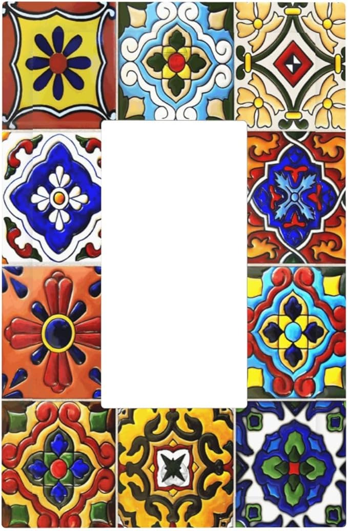 Vintage Colorful Boho Mexican Moroccan Tile Decorative Outlet Covers 1 Gang Single Rocker Light Switch Cover Plate Wall Plates GFCI Faceplate for Farmhouse Home Decor